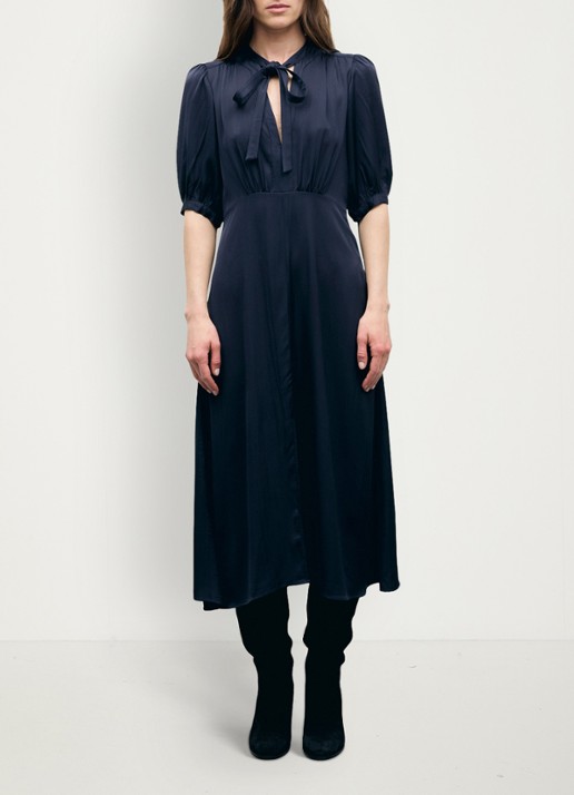 Gerard Darel Midi jurk met pofmouwen - voorkant 2 donkerblauw