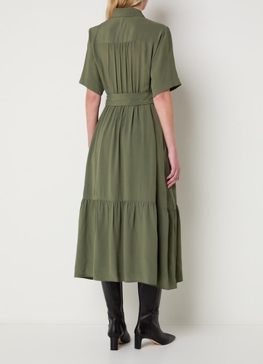 Gerard Darel Raina midi blousejurk met borstzakken en strikceintuur - achterkant olijfgroen