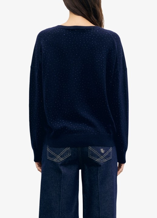 Gerard Darel Reda fijngebreide trui van wol met V-hals en strass - achterkant 5 blauw
