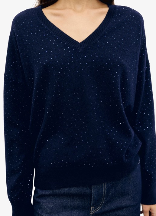 Gerard Darel Reda fijngebreide trui van wol met V-hals en strass - detail 2 blauw