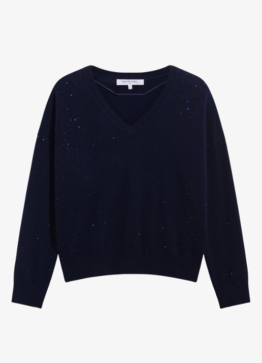 Gerard Darel Reda fijngebreide trui van wol met V-hals en strass - voorkant 3 blauw