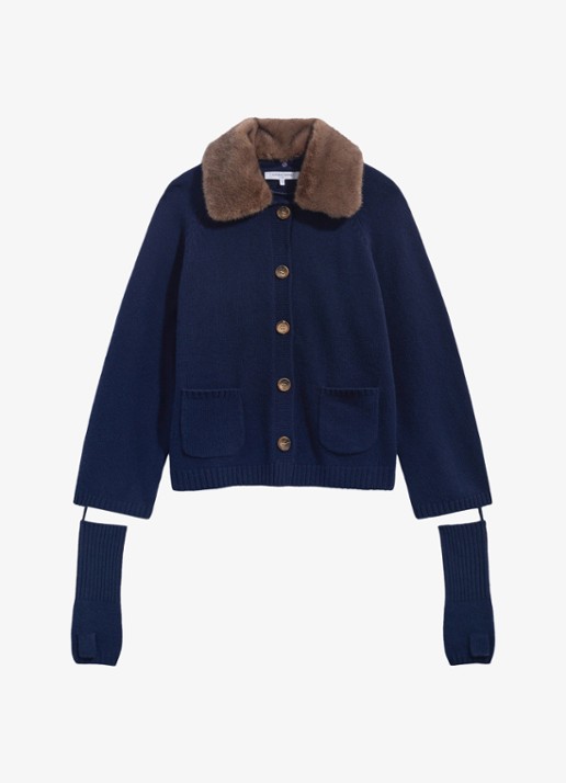 Gerard Darel Rhiza vest van kasjmier met kraag en vingerloze handschoenen - voorkant blauw