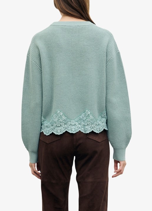 Gerard Darel Riviera ribgebreide trui van wol met kant  - achterkant 4 zeegroen