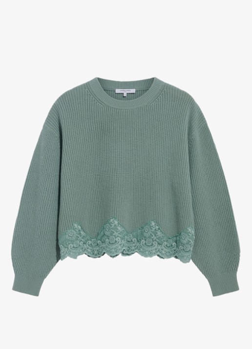 Gerard Darel Riviera ribgebreide trui van wol met kant  - voorkant 2 zeegroen