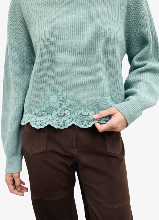 Gerard Darel Riviera ribgebreidetrui van wol en kant - detail 4 zeegroen