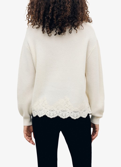 Gerard Darel Riviera ribgebreidetrui van wol en kant - achterkant 3 creme