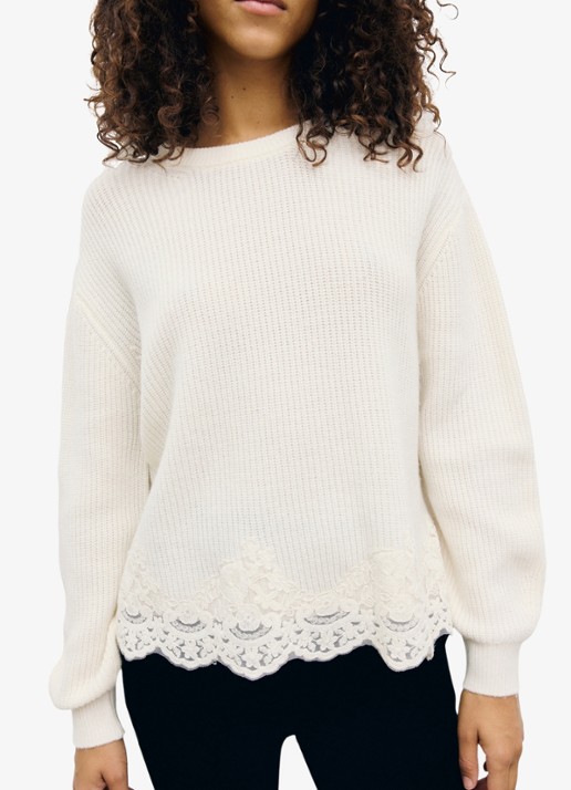 Gerard Darel Riviera ribgebreidetrui van wol en kant - detail 2 creme
