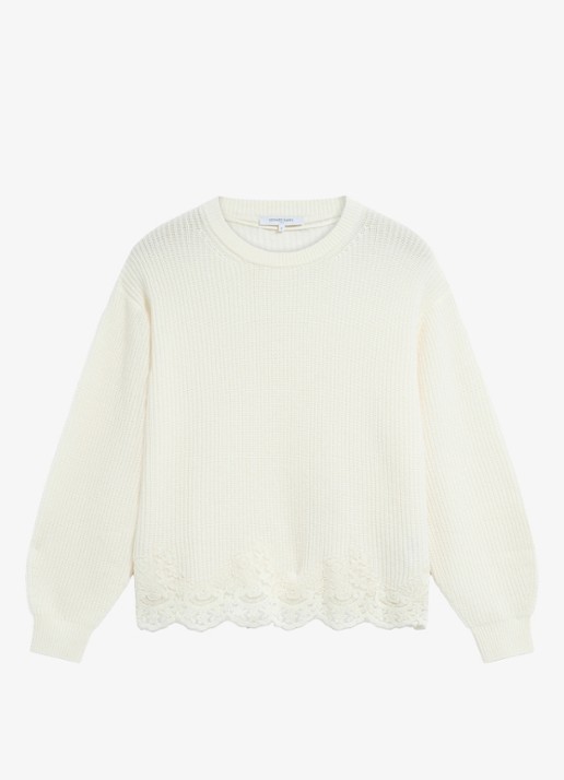 Gerard Darel Riviera ribgebreidetrui van wol en kant - voorkant 4 creme