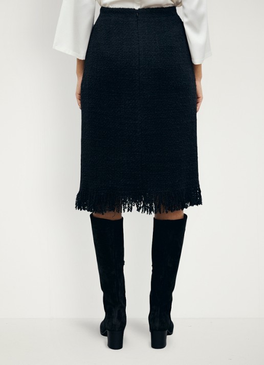 Gerard Darel Tess midi rok in wolblend met tweed-look en franjes - achterkant 5 zwart