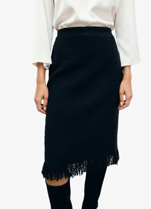 Gerard Darel Tess midi rok in wolblend met tweed-look en franjes - detail 2 zwart