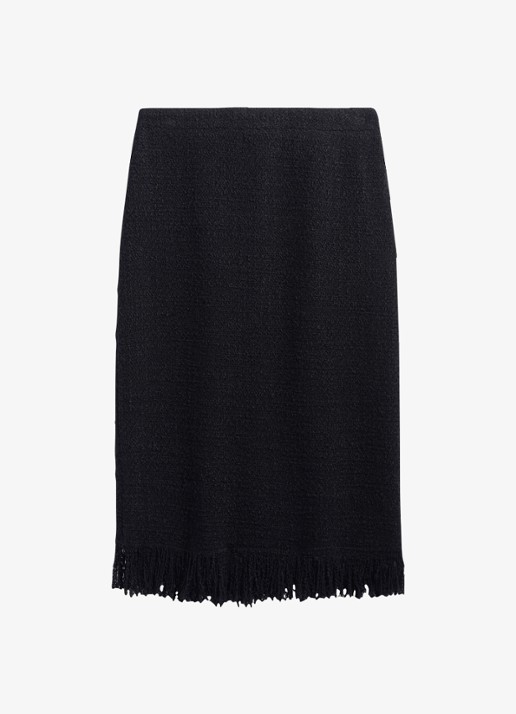 Gerard Darel Tess midi rok in wolblend met tweed-look en franjes - voorkant 3 zwart