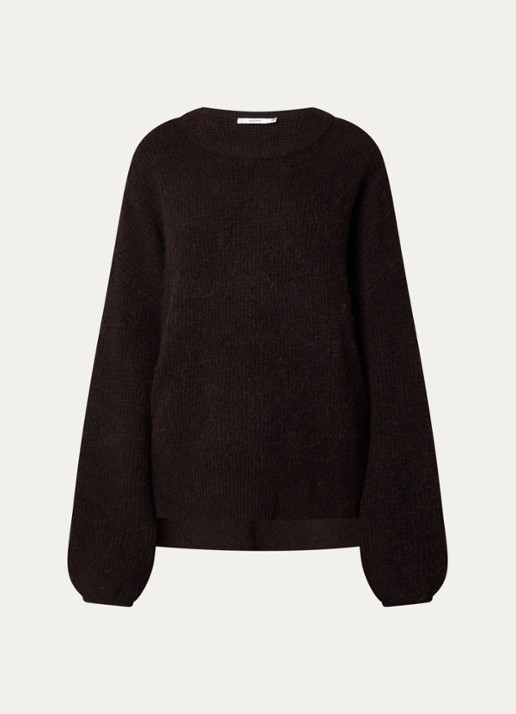 Gestuz Alpha grofgebreide trui in alpaca wolblend met split - voorkant 2 aubergine