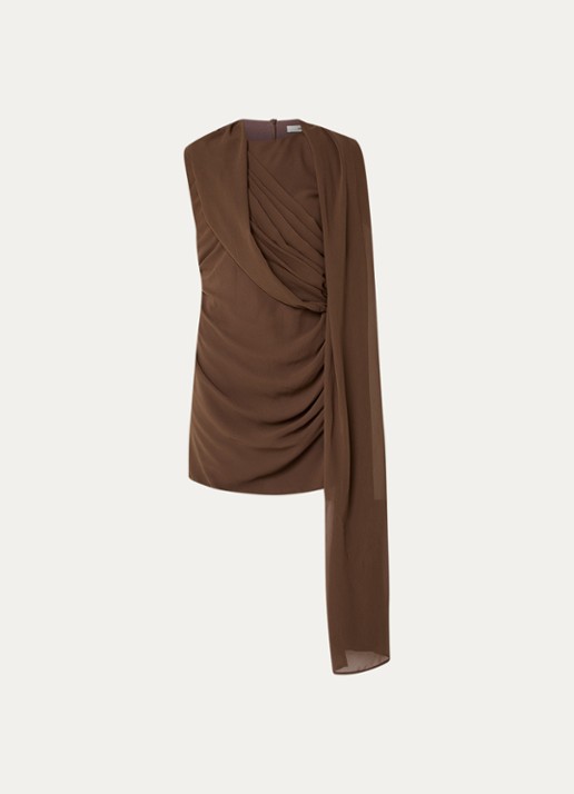 Gestuz Asymmetrische mini jurk met sjaalkraag - voorkant hazelnootbruin