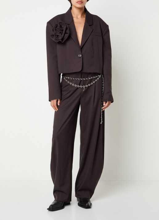 Gestuz Callia high waist wide fit pantalon met steekzakken - voorkant 3 donkerbruin