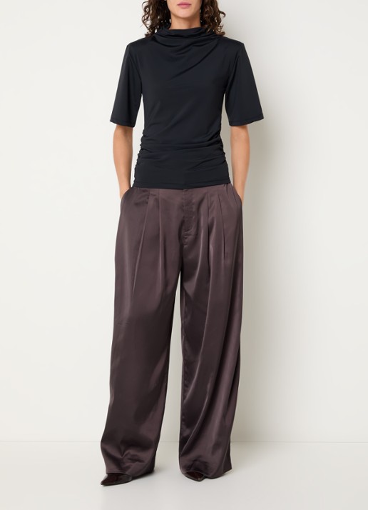 Gestuz GZelva high waist wide fit pantalon van satijn - voorkant 3 aubergine