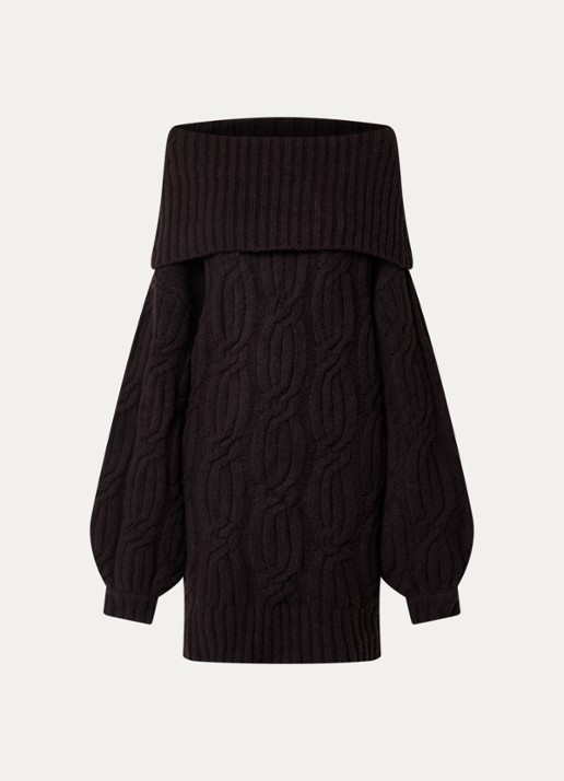 Gestuz Mini oversized kabelgebreide A-lijn jurk in wolblend - voorkant 2 aubergine