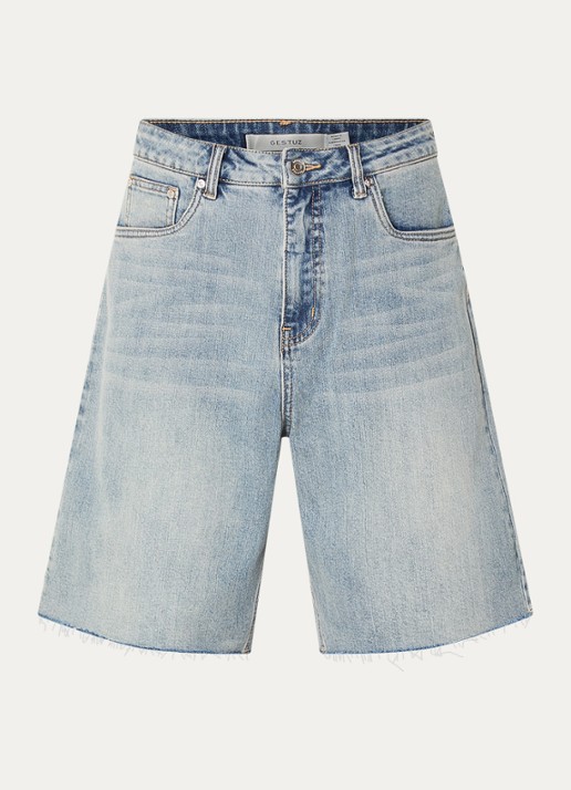 Gestuz Noma high waist straight fit korte broek van denim - voorkant indigo