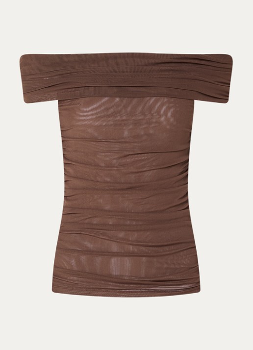 Gestuz Samera semi-transparante off shoulder top  - voorkant hazelnootbruin