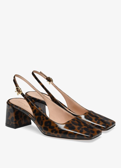 Gianvito Rossi Freeda Sling 55 slingback van lakleer met panterprint - voorkant 2 donkerbruin