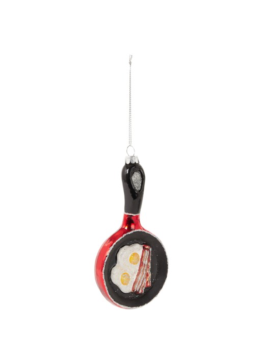 Gisela Graham Frying Pan met Bacon/Eggs kersthanger 14 cm - voorkant steenrood