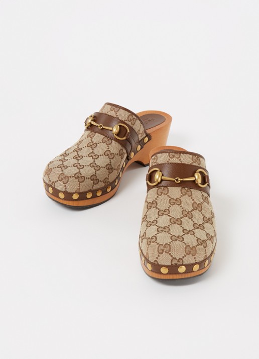 Gucci Clog muiltje van canvas met leren details - detail bruin