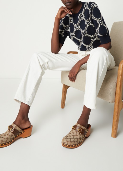 Gucci Clog muiltje van canvas met leren details - voorkant 7 bruin