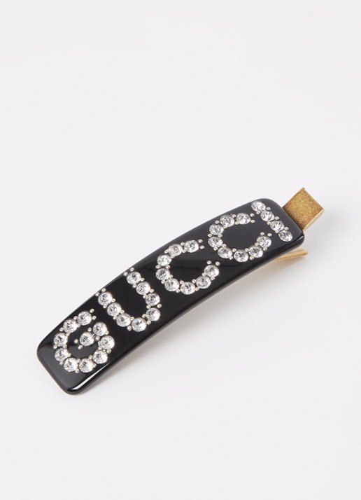 Gucci Crystal haarclip met logo en strass - voorkant 2 zwart