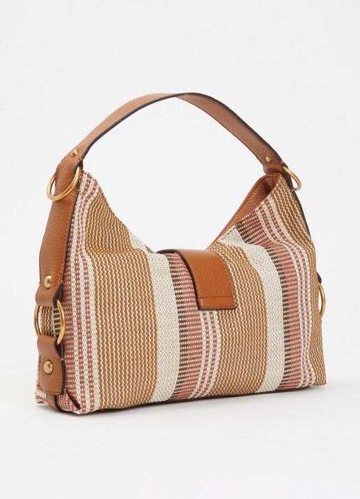 GUESS Camden schoudertas met streepprint en logo - achterkant cognac