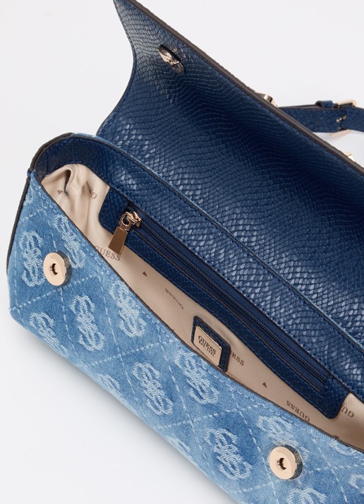 GUESS Dovie schoudertas van denim met logo print  - detail indigo