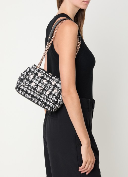GUESS Everlee schoudertas met tweed-look - voorkant 3 zwart