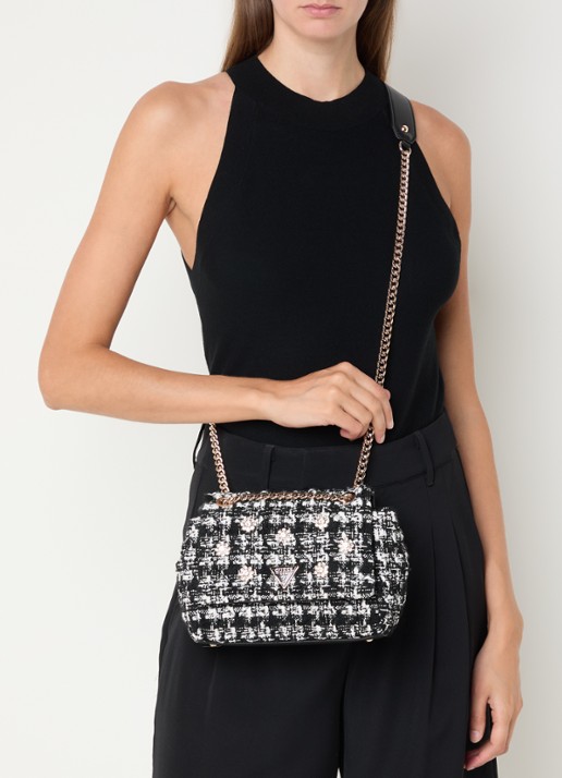 GUESS Everlee schoudertas met tweed-look - voorkant 4 zwart