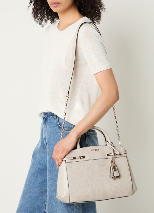 GUESS Melinda handtas met crocostructuur en afneembare schouderriem - voorkant 2 donkerbeige