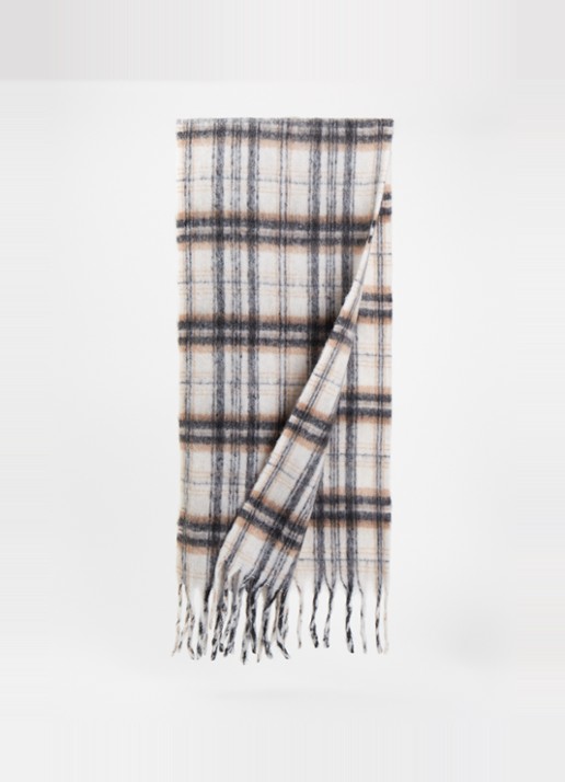 GUESS Sjaal in wolblend met ruitdessin en franjes 175 x 40 cm - voorkant 2 gebroken wit