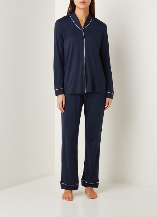 Hanro Pyjamaset  met contrasterende bies - voorkant 3 donkerblauw