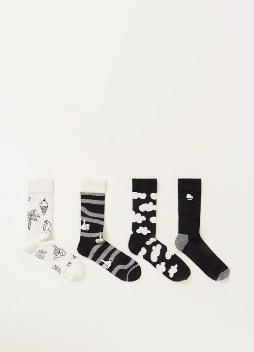 Happy Socks Black & White sokken met print in 4-pack giftbox - voorkant zwart