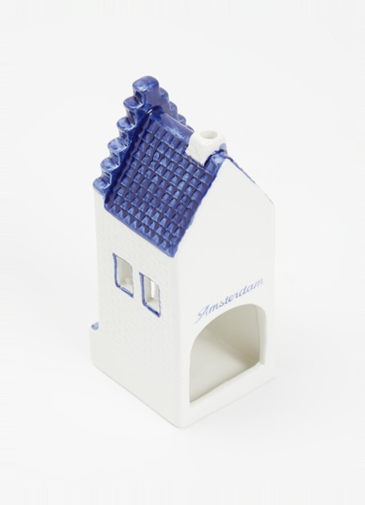 Heinen Delfts Blauw Amsterdam waxinelichthouder 14 cm - voorkant 2 blauw
