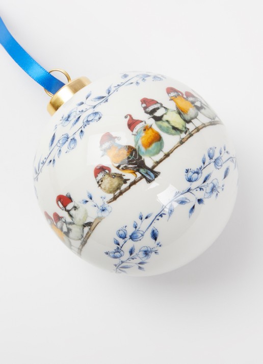 Heinen Delfts Blauw Bosvogels Kerstmuts kerstbal 8 cm - detail 2 gebroken wit