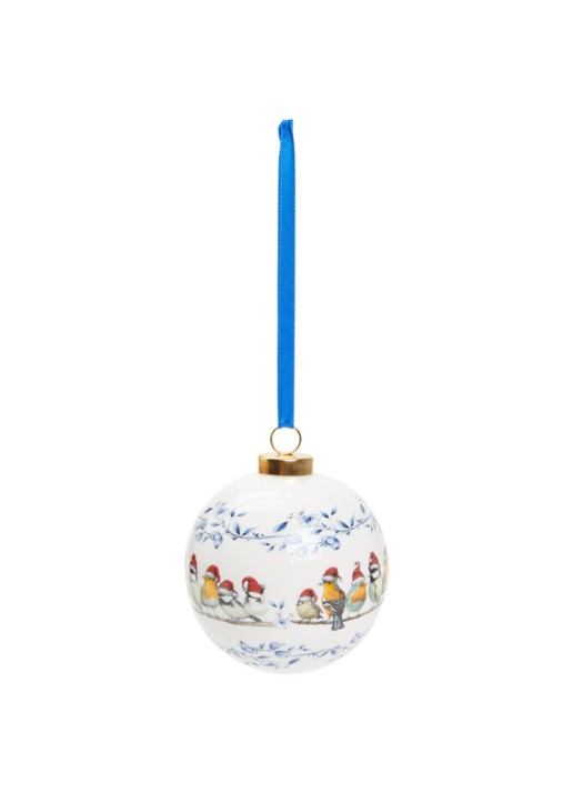 Heinen Delfts Blauw Bosvogels Kerstmuts kerstbal 8 cm