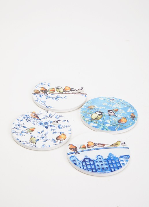 Heinen Delfts Blauw Bosvogels onderzetter van keramiek set van 4 - voorkant 2 multicolor