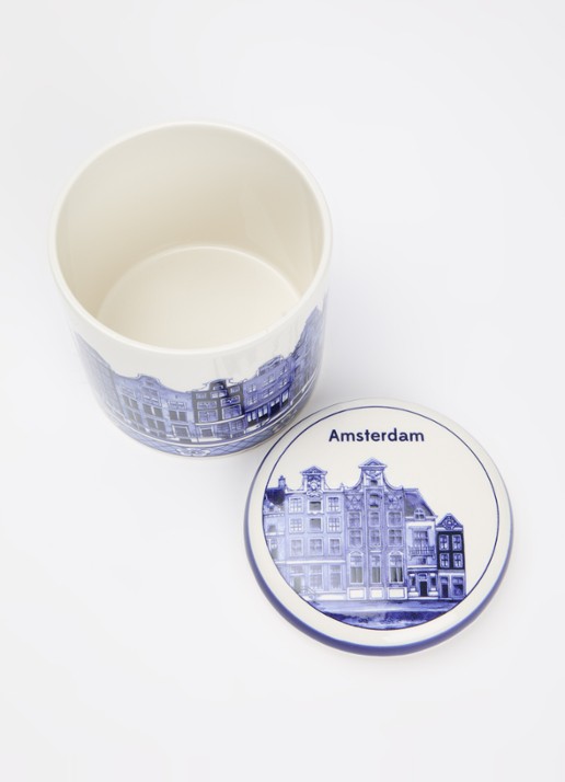 Heinen Delfts Blauw Grachtenpanden voorraadpot - voorkant 2 blauw