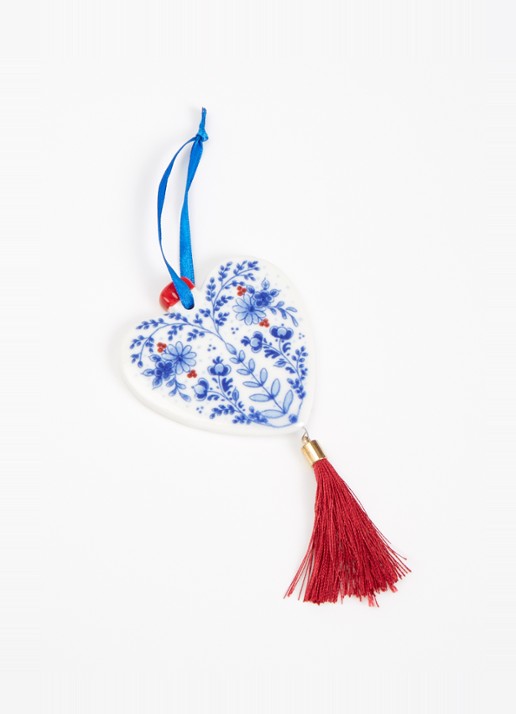 Heinen Delfts Blauw Hart kersthanger plat 8 cm - detail gebroken wit