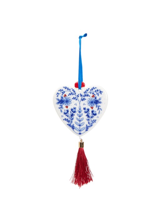 Heinen Delfts Blauw Hart kersthanger plat 8 cm - voorkant 2 gebroken wit
