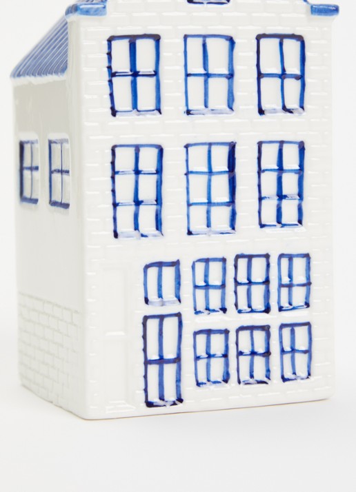 Heinen Delfts Blauw Huis Grachtenpand nr.1 ornament 13,5 cm - voorkant 2 blauw