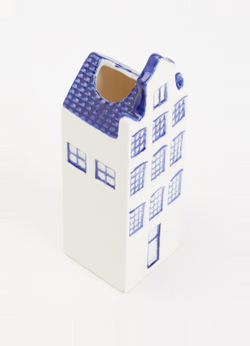 Heinen Delfts Blauw Huisje 3 Verhoogde Halsgevel vaas 16,5 cm - voorkant 2 blauw