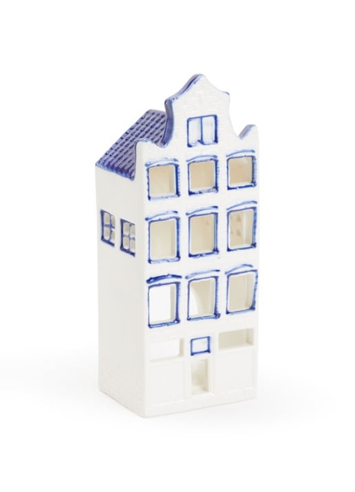 Heinen Delfts Blauw Huisje Halsgevel waxinelichthouder - voorkant blauw