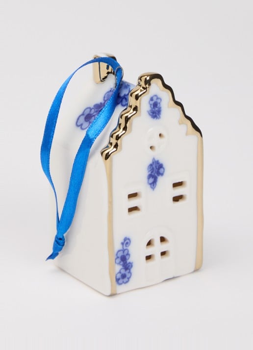 Heinen Delfts Blauw Huisje Trapgevel kersthanger 8 cm - detail 2 gebroken wit