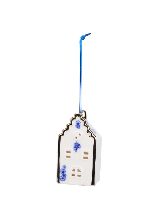 Heinen Delfts Blauw Huisje Trapgevel kersthanger 8 cm