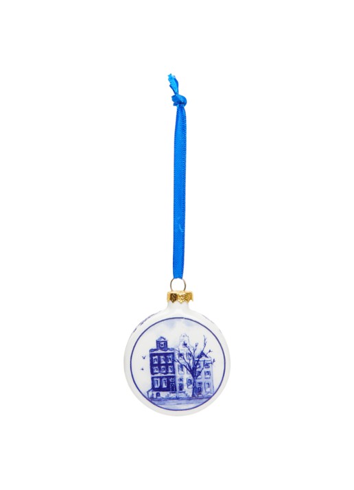 Heinen Delfts Blauw Huisjes kerstbal plat 6 cm