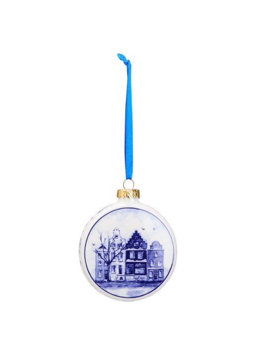 Heinen Delfts Blauw Huisjes kerstbal plat 8 cm