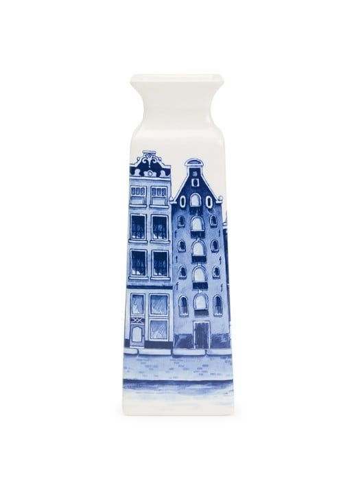 Heinen Delfts Blauw Huisjes vierkante vaas 22 cm - voorkant blauw